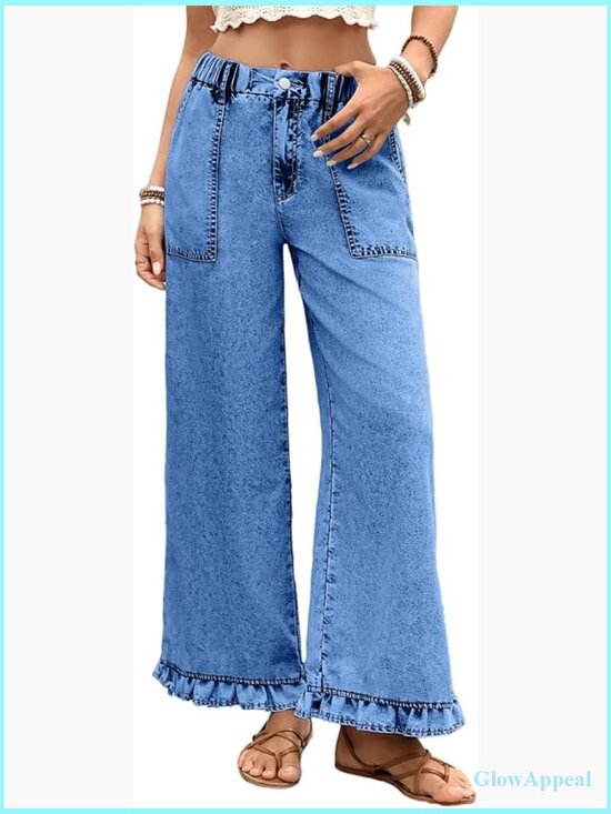 Denim - Wide Leg Stretch Denim Jeans Ruffle Hem High Waisted Baggy